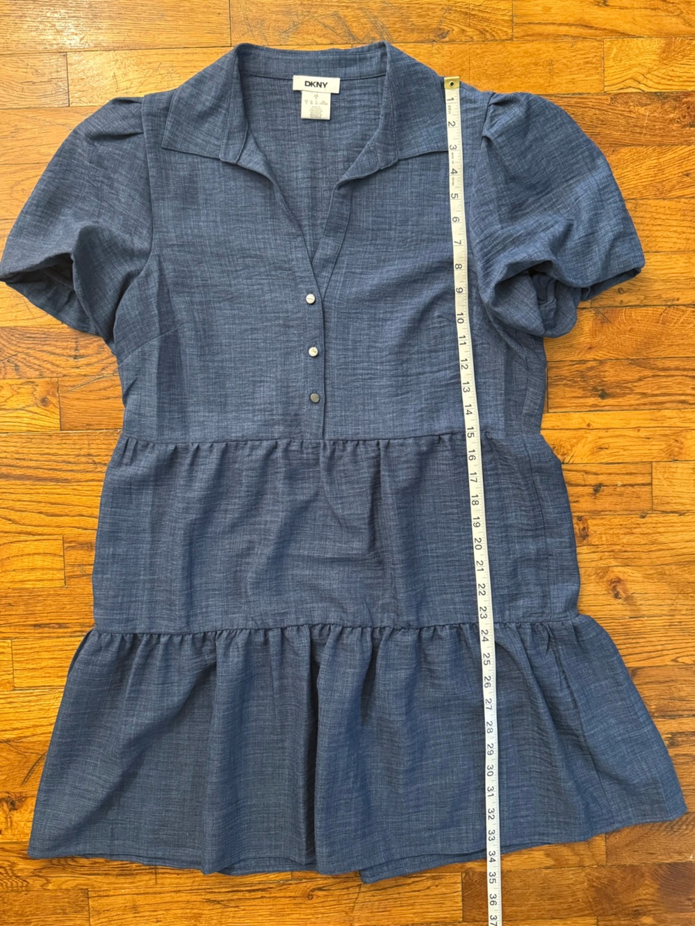 DKNY Indigo Blue Tiered Mini Shirt Dress Puff Sleeve Collared A-Line Size 8 - Picture 11 of 12